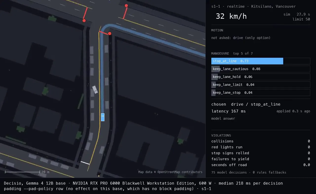First frame of the recorded run: Driving, one drive in real time (scenario s1-1): Gemma 4 12B base