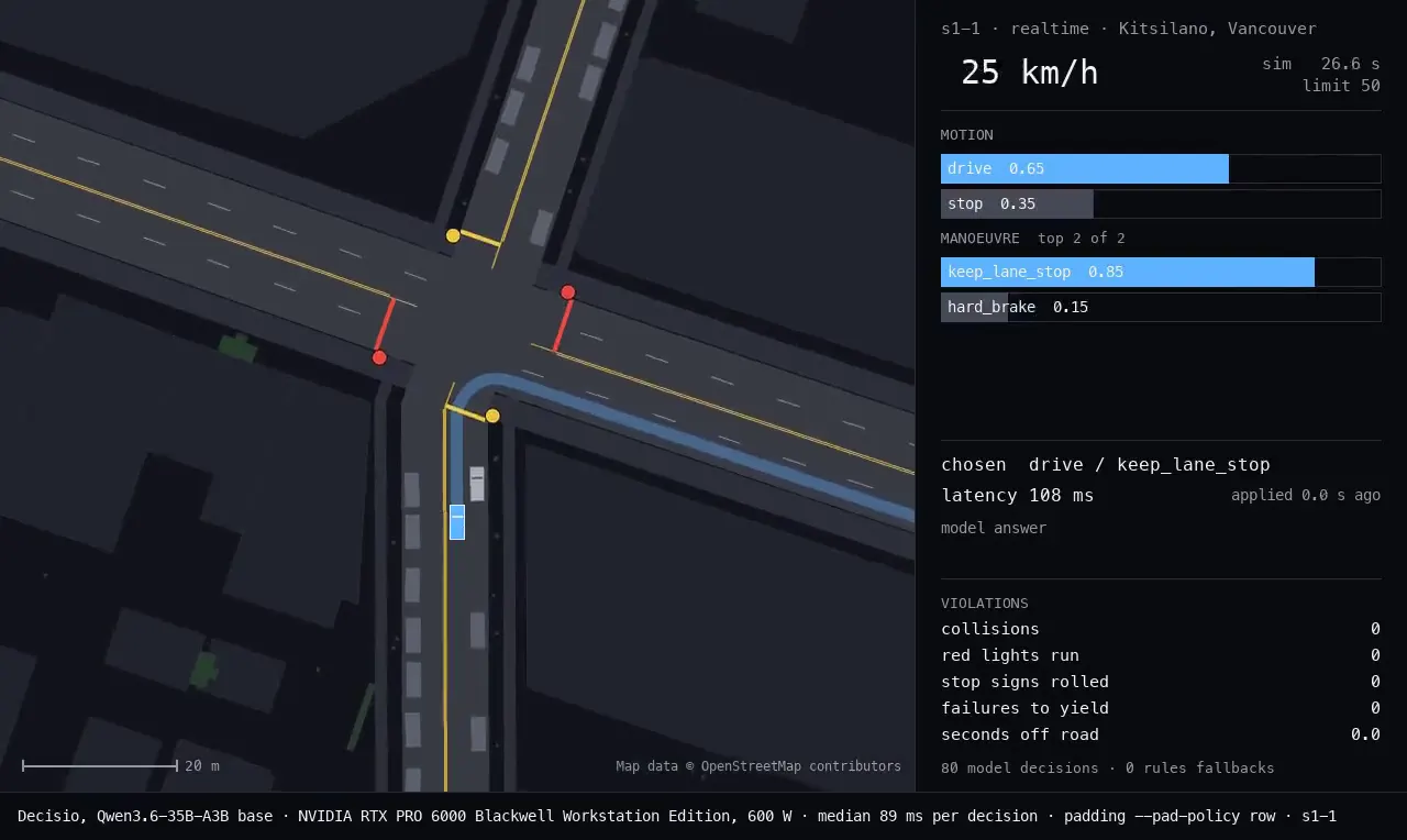 First frame of the recorded run: Driving, one drive in real time (scenario s1-1): Qwen3.6-35B-A3B base